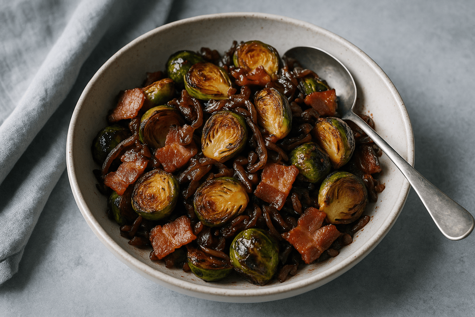 Roasted Brussels Sprouts with Bacon & Balsamic Onions